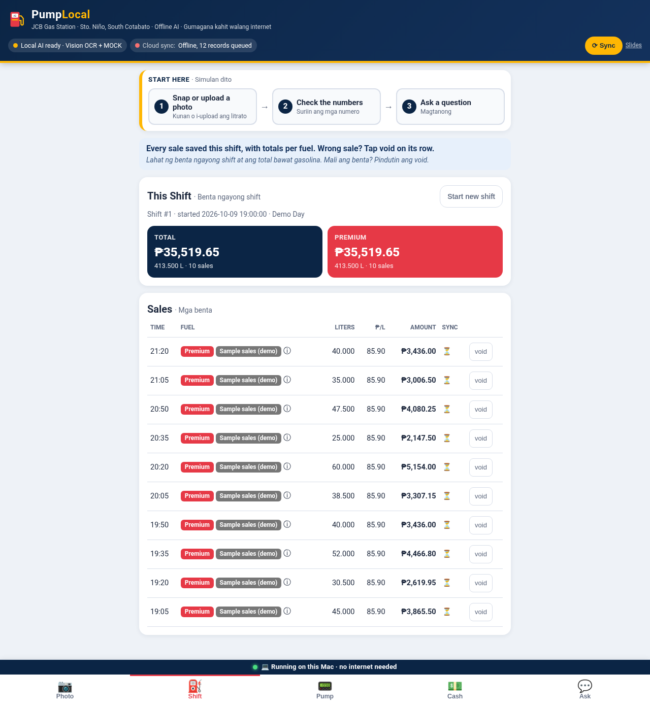 Shift / sales tab