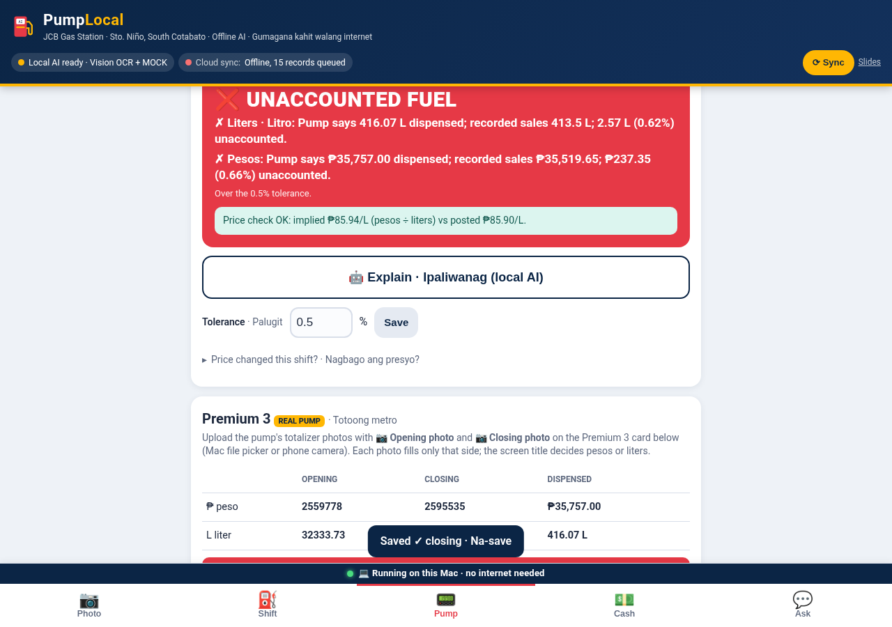 Pump tab showing UNACCOUNTED FUEL: 2.57 L (0.62%) on Premium 3