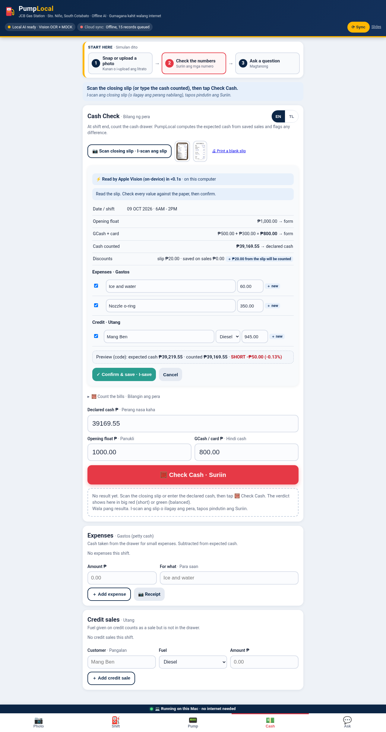 Scanned shift closing slip review table
