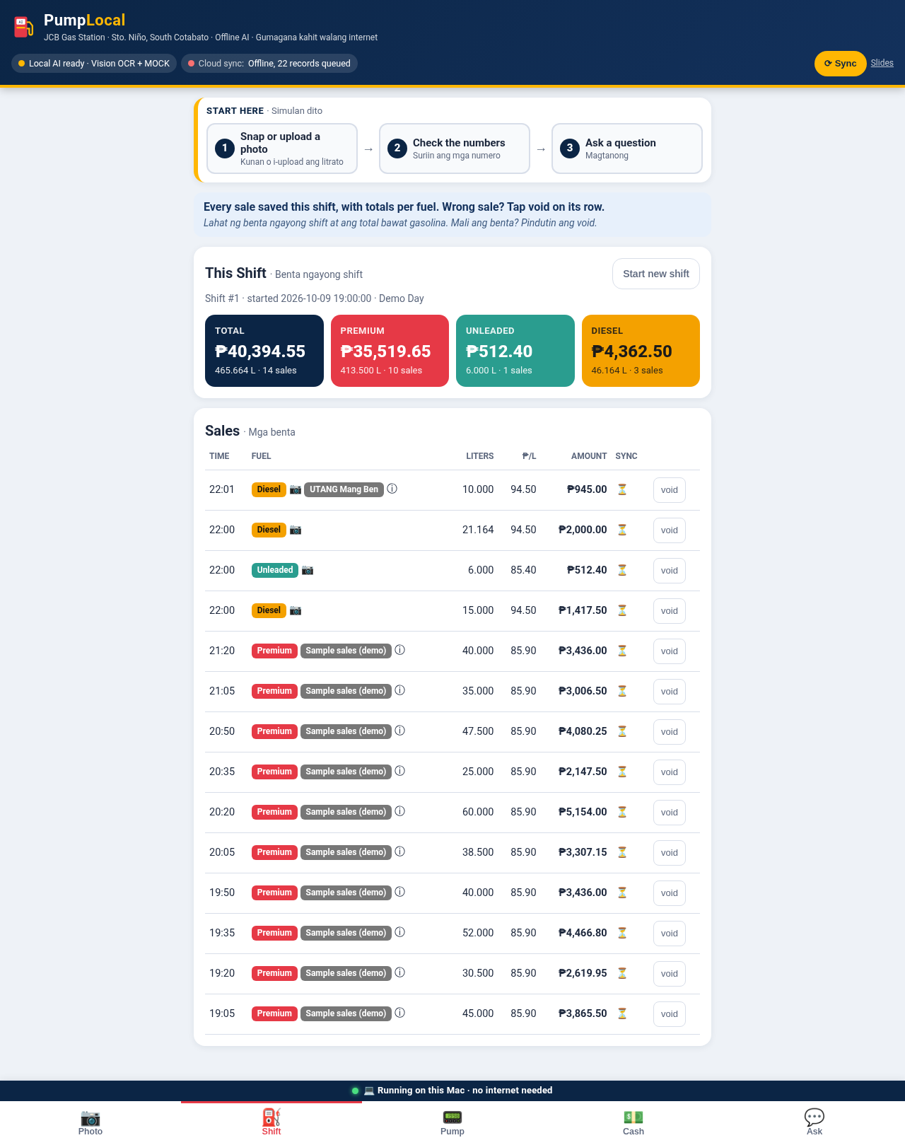 Shift tab with recorded sales
